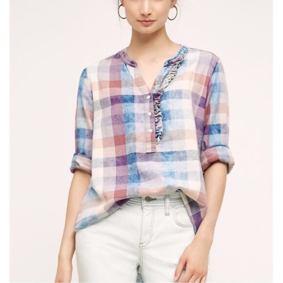 Anthropologie Isabella Sinclair Plaid Popover Blouse XS Oversize - Picture 2 of 10